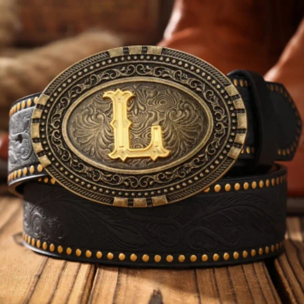Western Tooled Belt w/ Gold Monogram Buckle | Cowboy Several Letters Available - Picture 12 of 16
